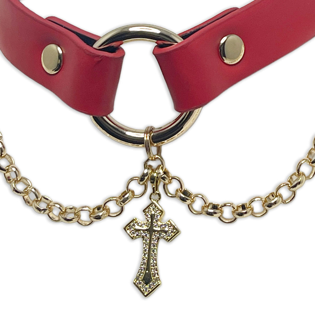 Red Vegan Leather Cross Necklace Collar by Fetish Pleasure Play