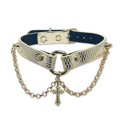 White and Gold Cross Necklace Collar by Fetish Pleasure Play