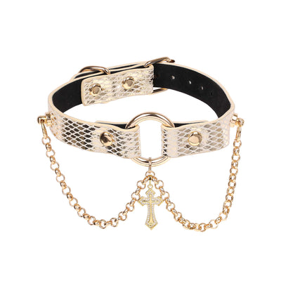 White and Gold Cross Necklace Collar by Fetish Pleasure Play