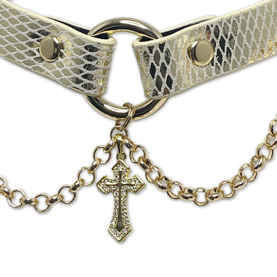 White and Gold Cross Necklace Collar by Fetish Pleasure Play