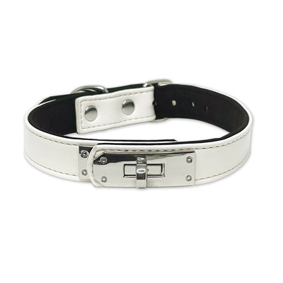 White Vegan Leather Clasp Collar with Silver Tone Hardware by Fetish Pleasure Play
