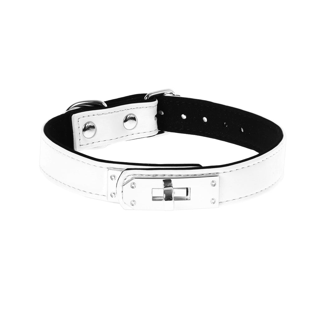 White Vegan Leather Clasp Collar with Silver Tone Hardware by Fetish Pleasure Play