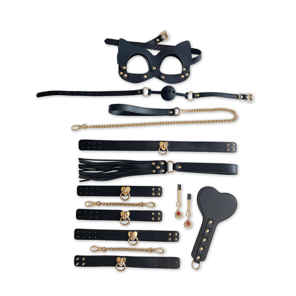 Deluxe Black Leather Pussy Cat Bondage Set with Case by Fetish Pleasure Play