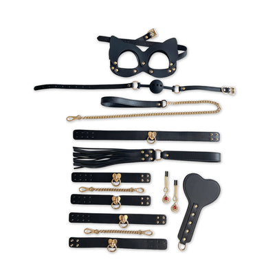 Deluxe Black Leather Pussy Cat Bondage Set with Case by Fetish Pleasure Play