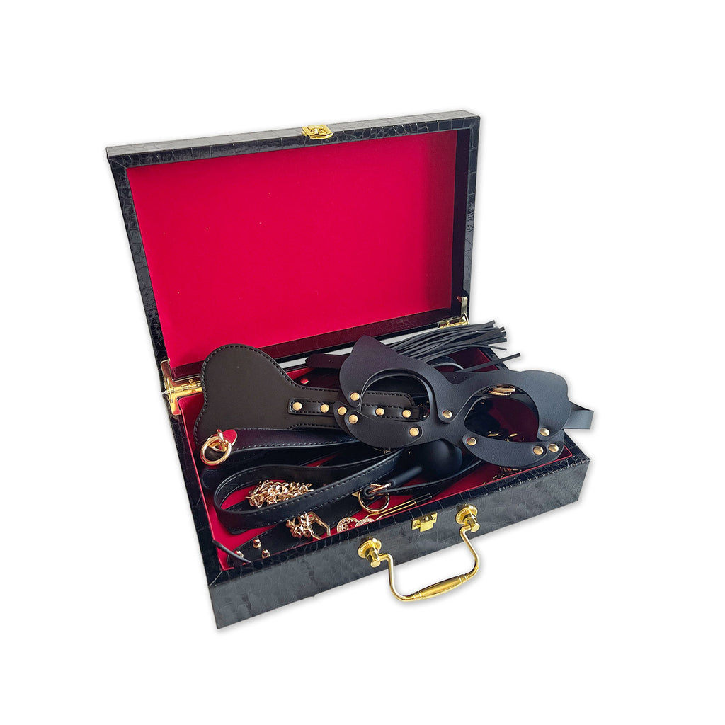 Deluxe Black Leather Pussy Cat Bondage Set with Case by Fetish Pleasure Play