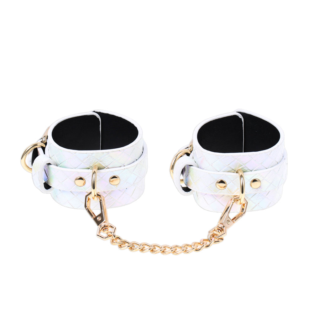 Iridescent White Adjustable Wrist Cuffs by Fetish Pleasure Play