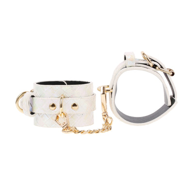 Iridescent White Adjustable Wrist Cuffs by Fetish Pleasure Play