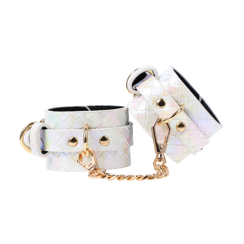 Iridescent White Adjustable Ankle Cuffs by Fetish Pleasure Play