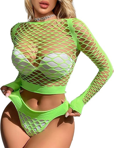Long Sleeve Neon Green 2-Piece Fishnet Bodystocking