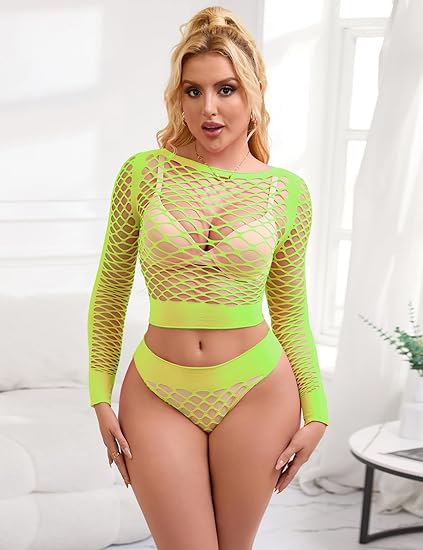 Long Sleeve Neon Green 2-Piece Fishnet Bodystocking