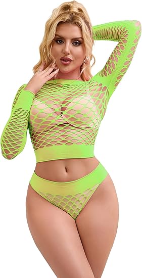 Long Sleeve Neon Green 2-Piece Fishnet Bodystocking
