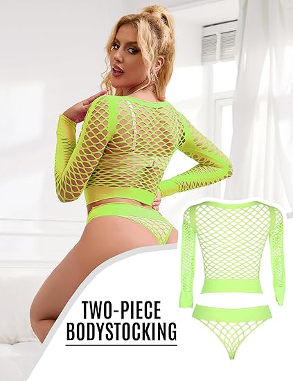 Long Sleeve Neon Green 2-Piece Fishnet Bodystocking