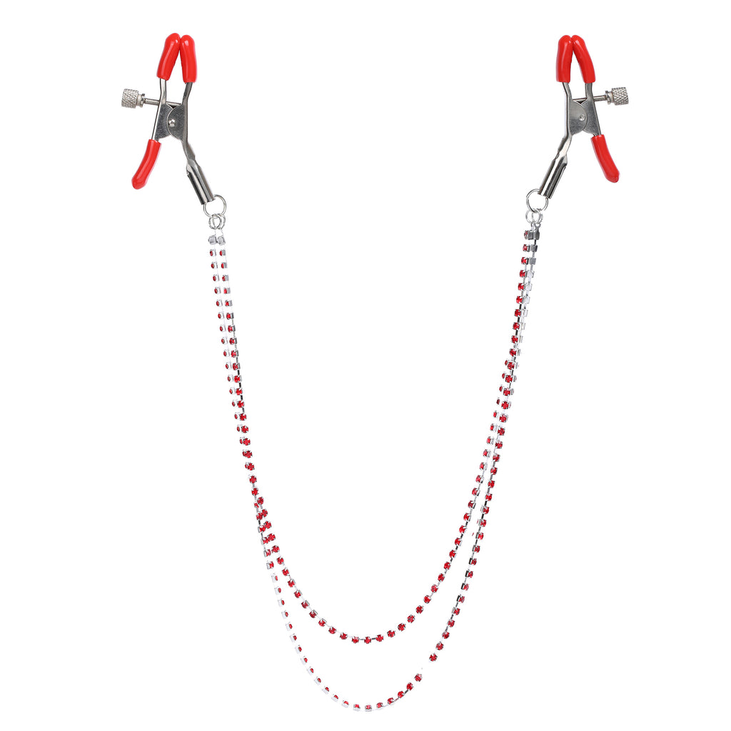 Dual Chain Red Crystal Nipple Clamps by Nipple Wear