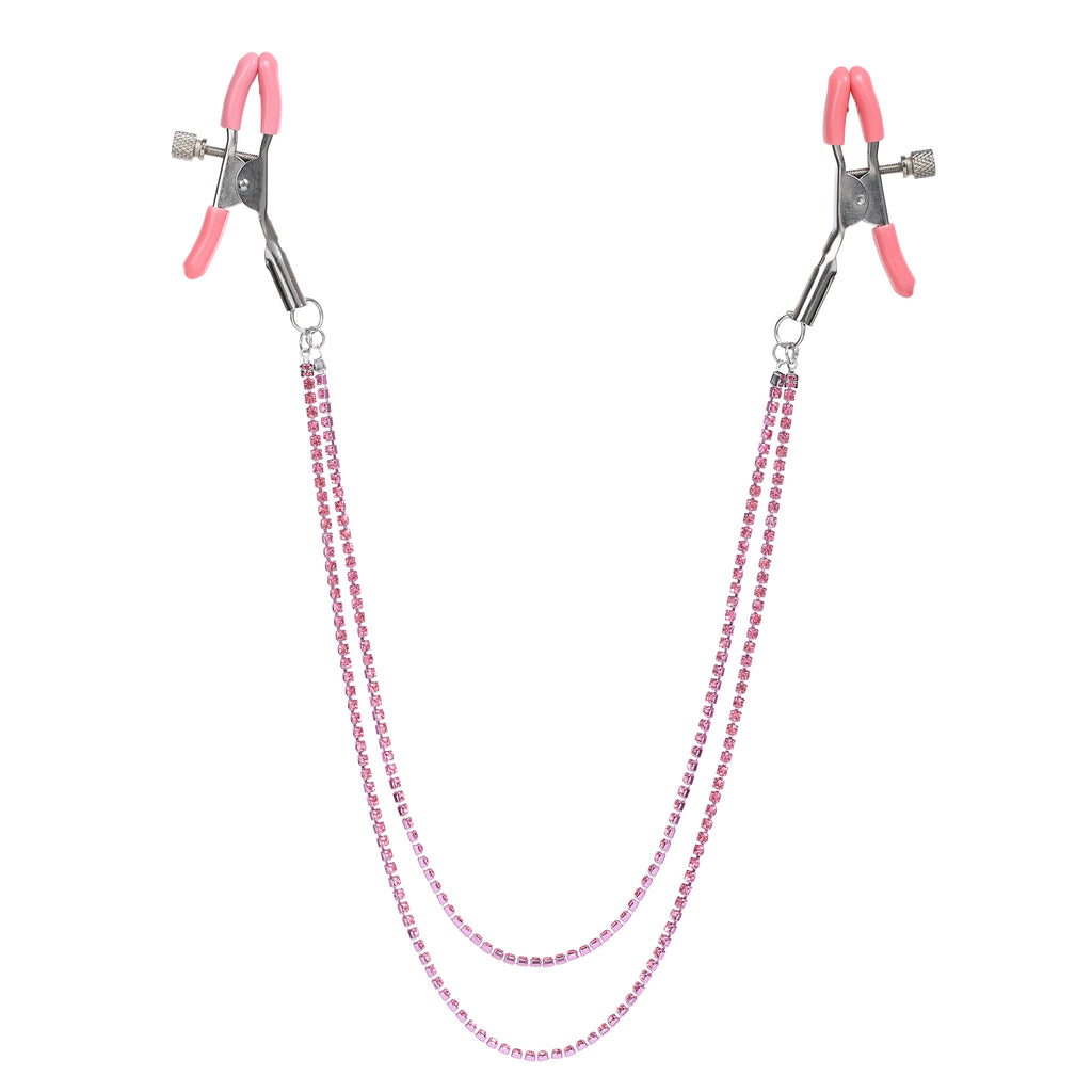 Dual Chain Pink Crystal Nipple Clamps by Nipple Wear