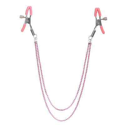 Pink silicone clamps connected by two beaded chains with silver metal hardware, shown on a plain white background.