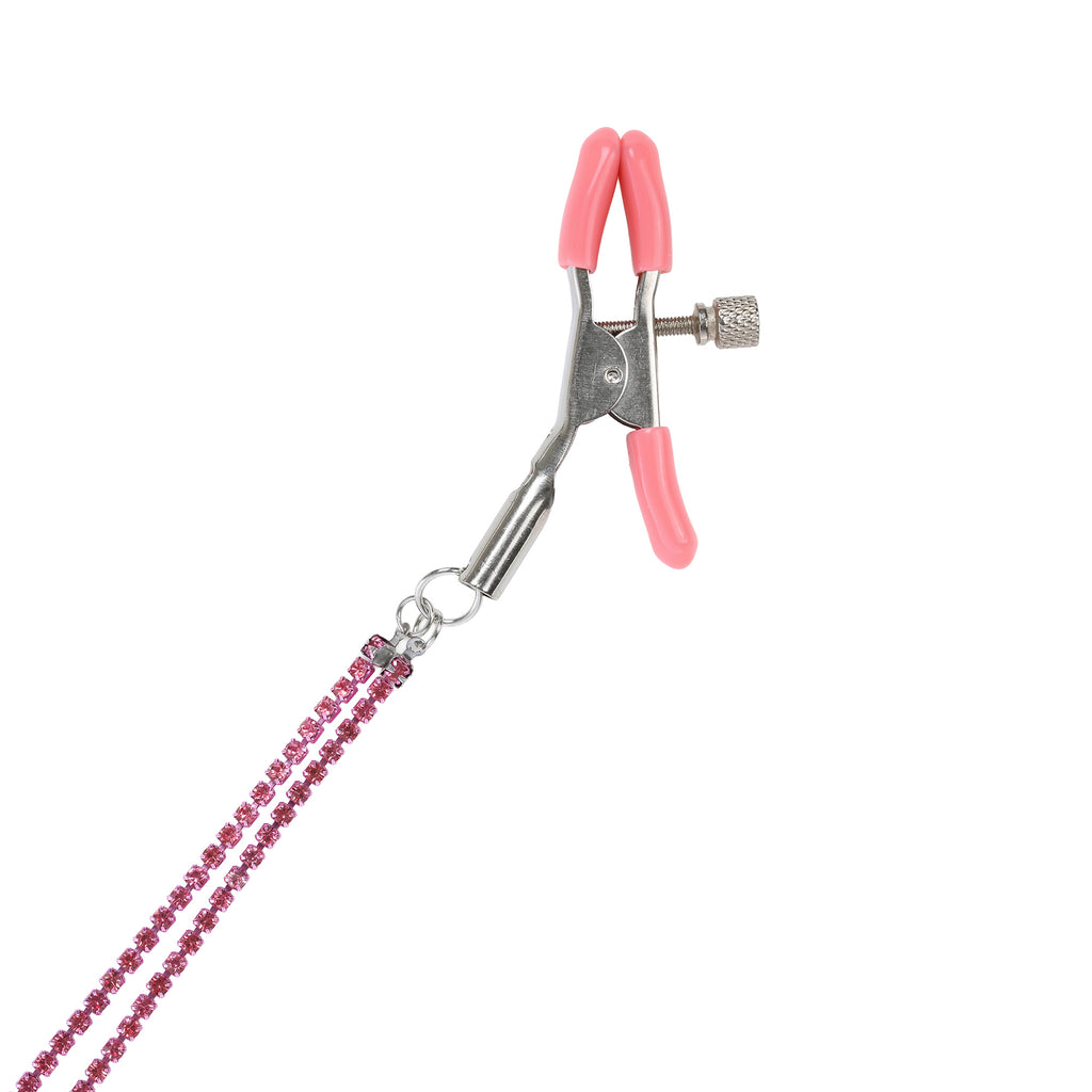 Dual Chain Pink Crystal Nipple Clamps by Nipple Wear