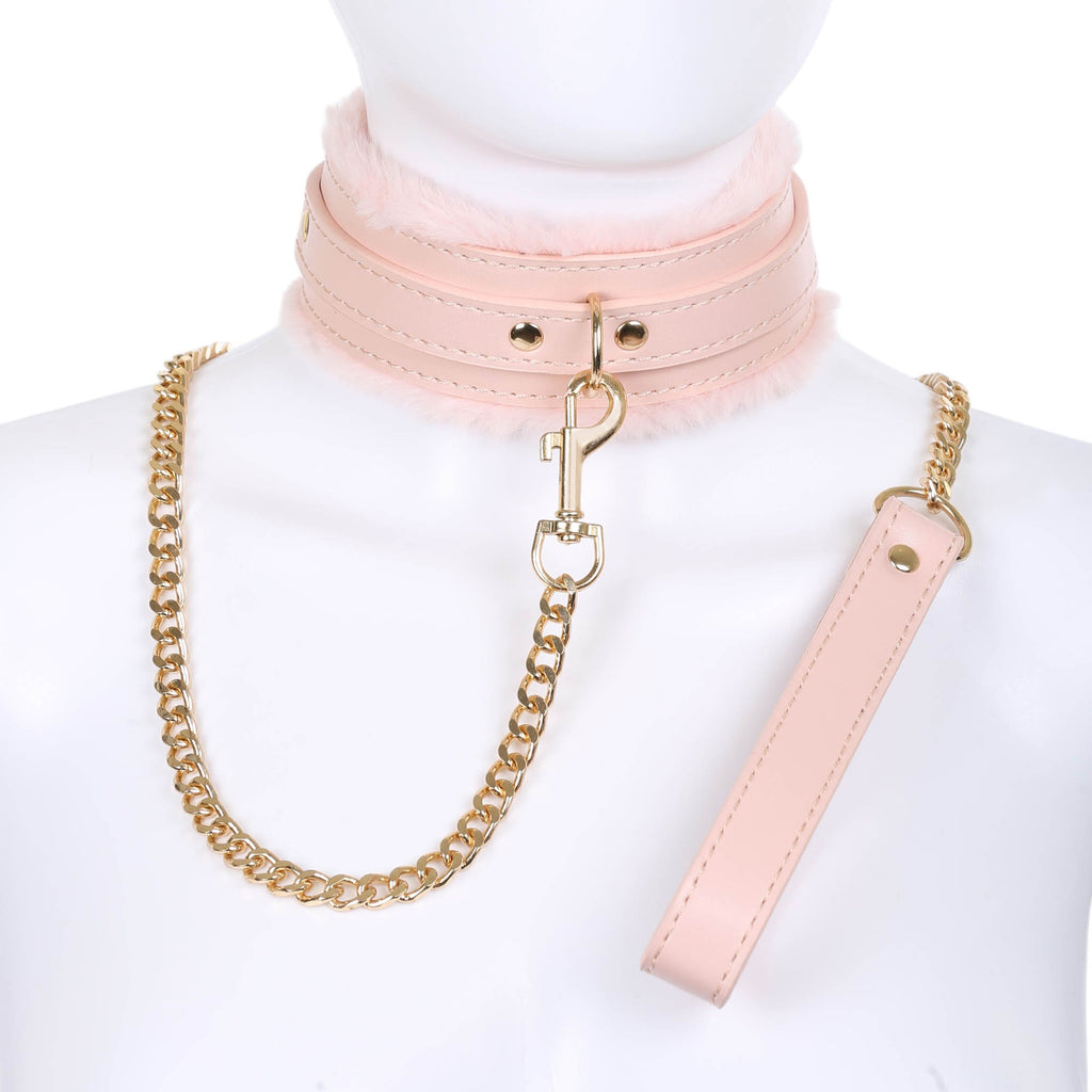 Peach Fluffy Collar & Chain Leash by Fetish Pleasure Play