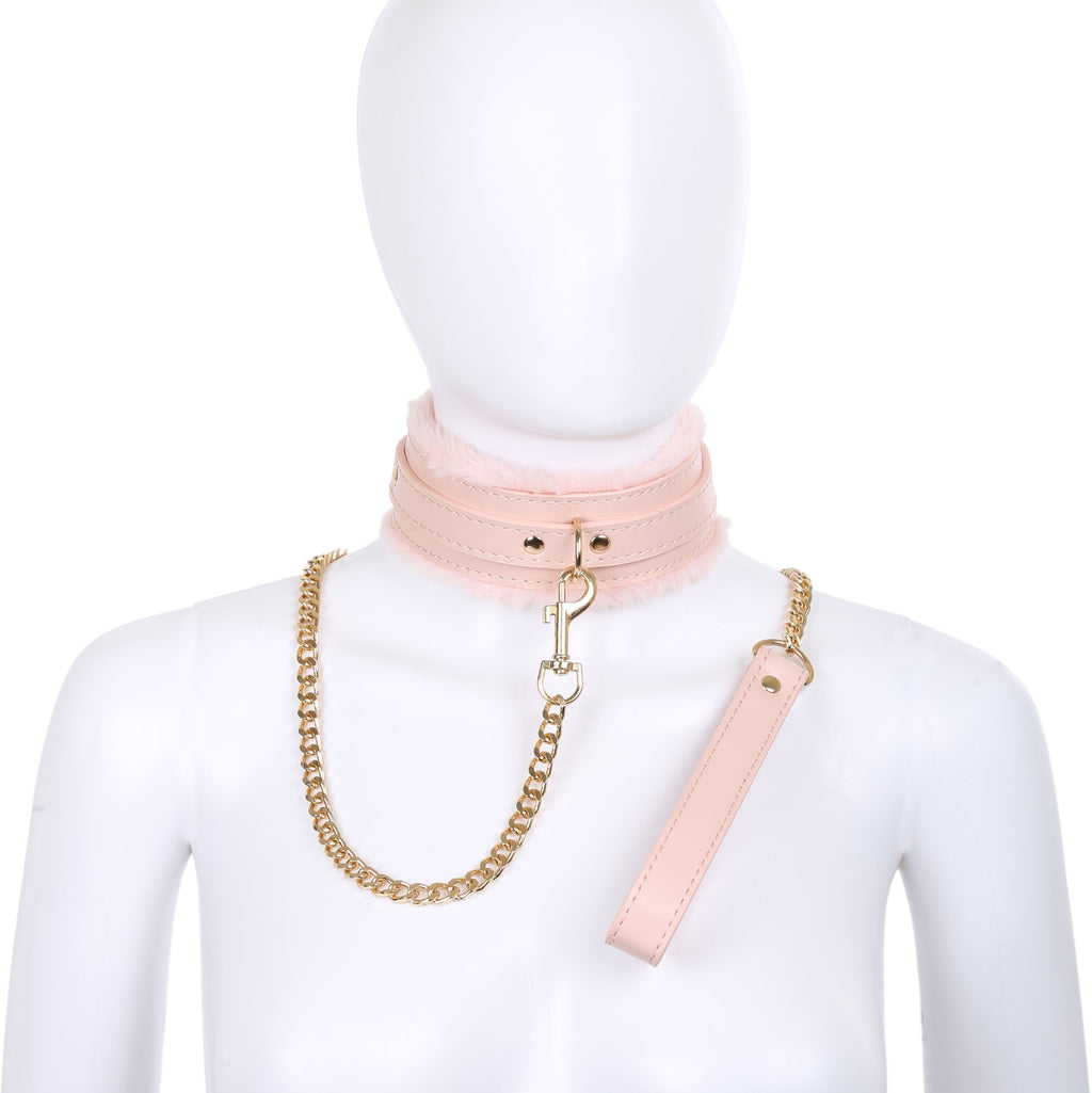 Peach Fluffy Collar & Chain Leash by Fetish Pleasure Play