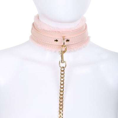 Peach Fluffy Collar & Chain Leash by Fetish Pleasure Play