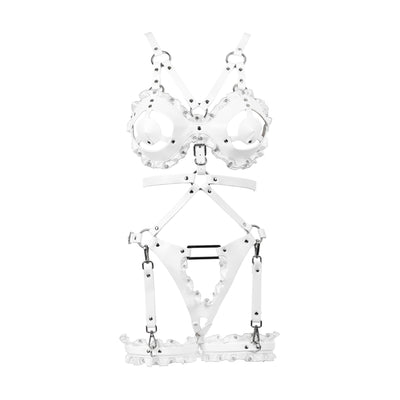 White Lace & Crystal Vegan Leather Full Body Bondage Harness Set