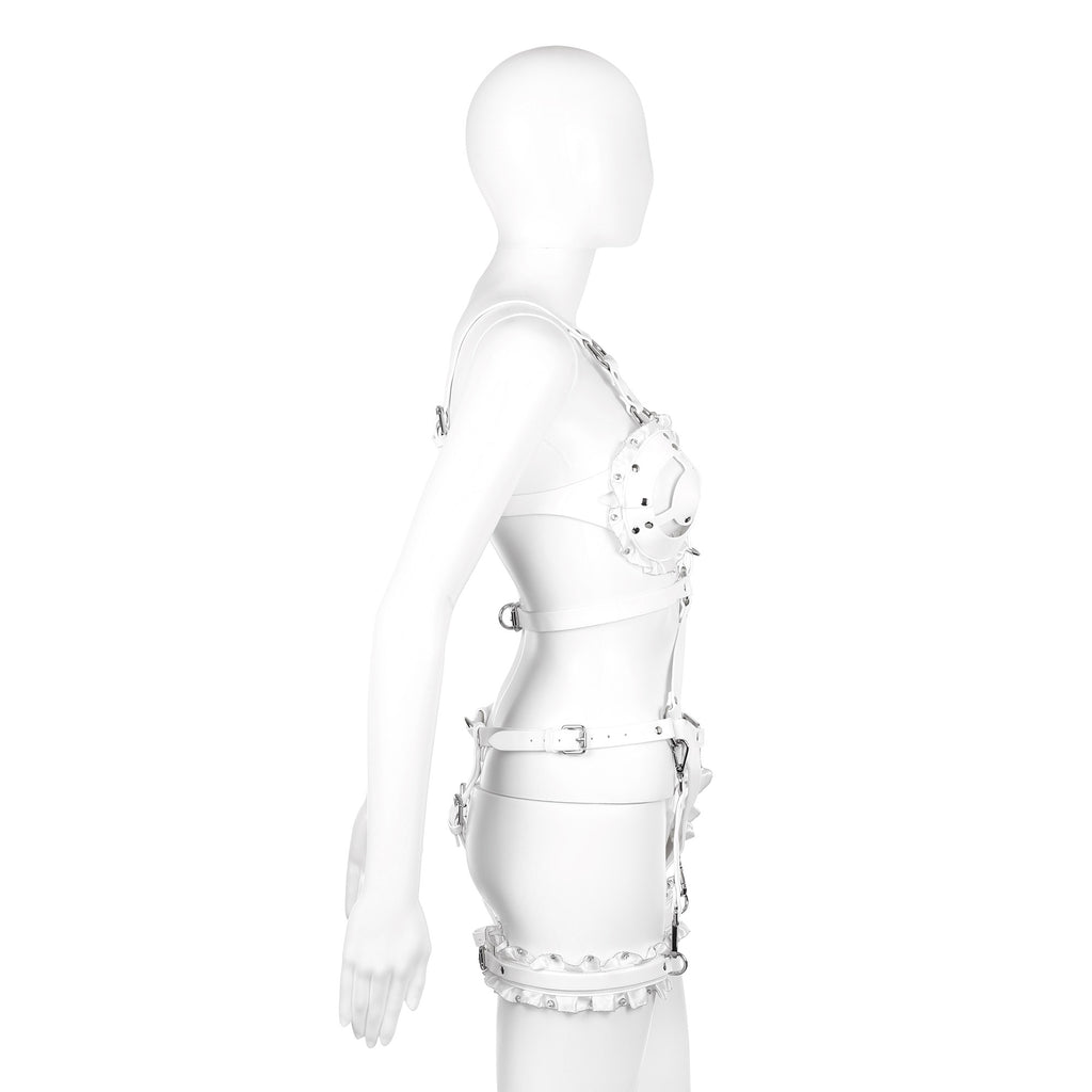 White Lace & Crystal Vegan Leather Full Body Bondage Harness Set