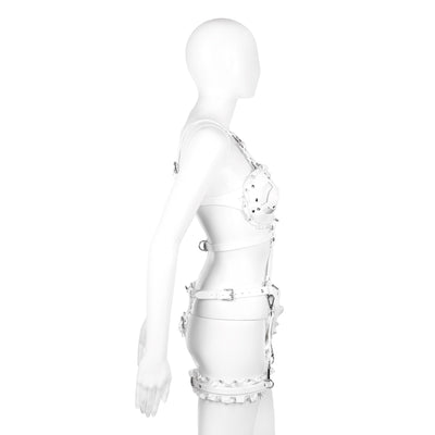 White Lace & Crystal Vegan Leather Full Body Bondage Harness Set