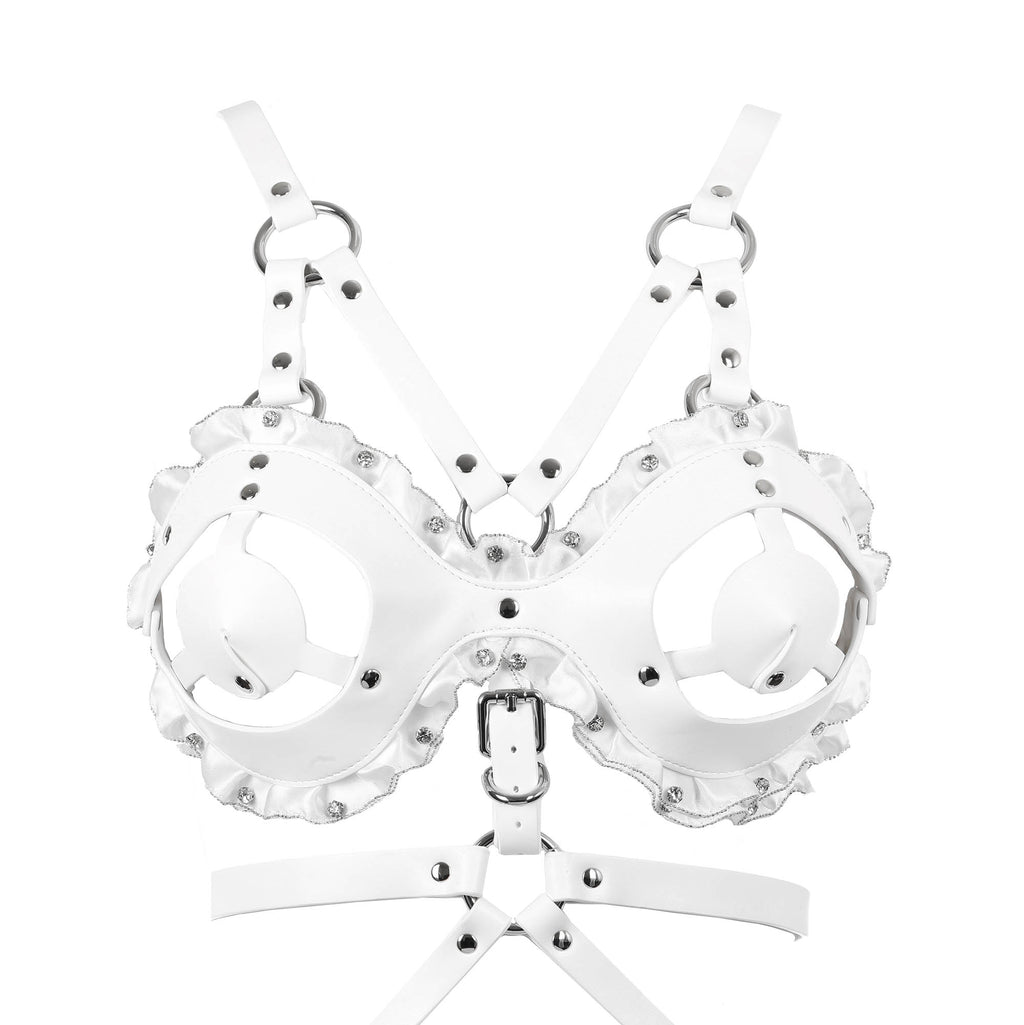 White Lace & Crystal Vegan Leather Full Body Bondage Harness Set
