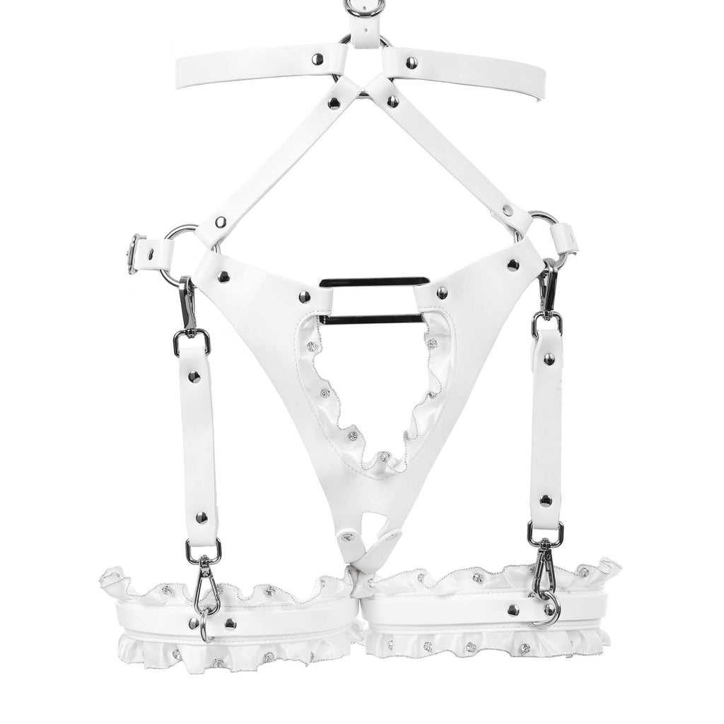 White Lace & Crystal Vegan Leather Full Body Bondage Harness Set