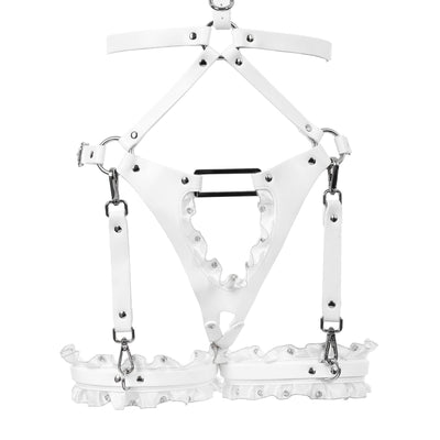 White Lace & Crystal Vegan Leather Full Body Bondage Harness Set