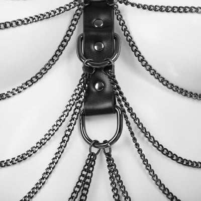 Soft PU Leather Body Harness in Black with Gunmetal Chains by Fetish Pleasure Play - One Size