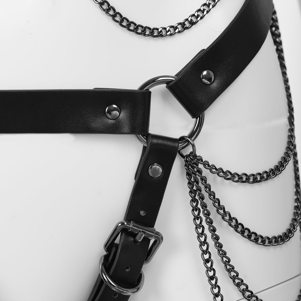 Soft PU Leather Body Harness in Black with Gunmetal Chains by Fetish Pleasure Play - One Size