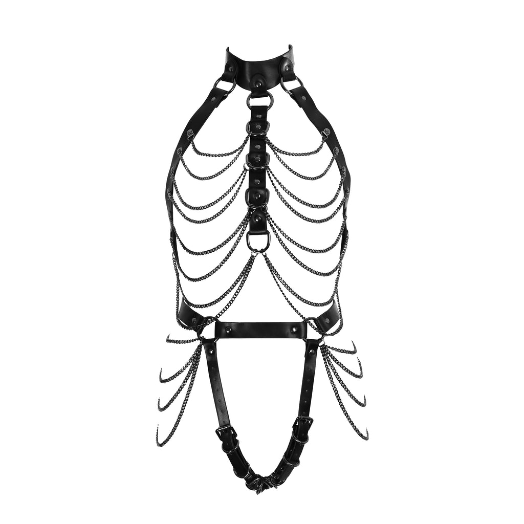 Soft Vegan Leather Body Harness in Black with Gunmetal Chains by Fetish Pleasure Play - One Size