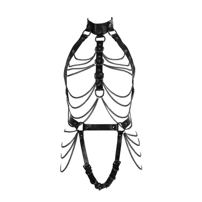 Soft PU Leather Body Harness in Black with Gunmetal Chains by Fetish Pleasure Play - One Size