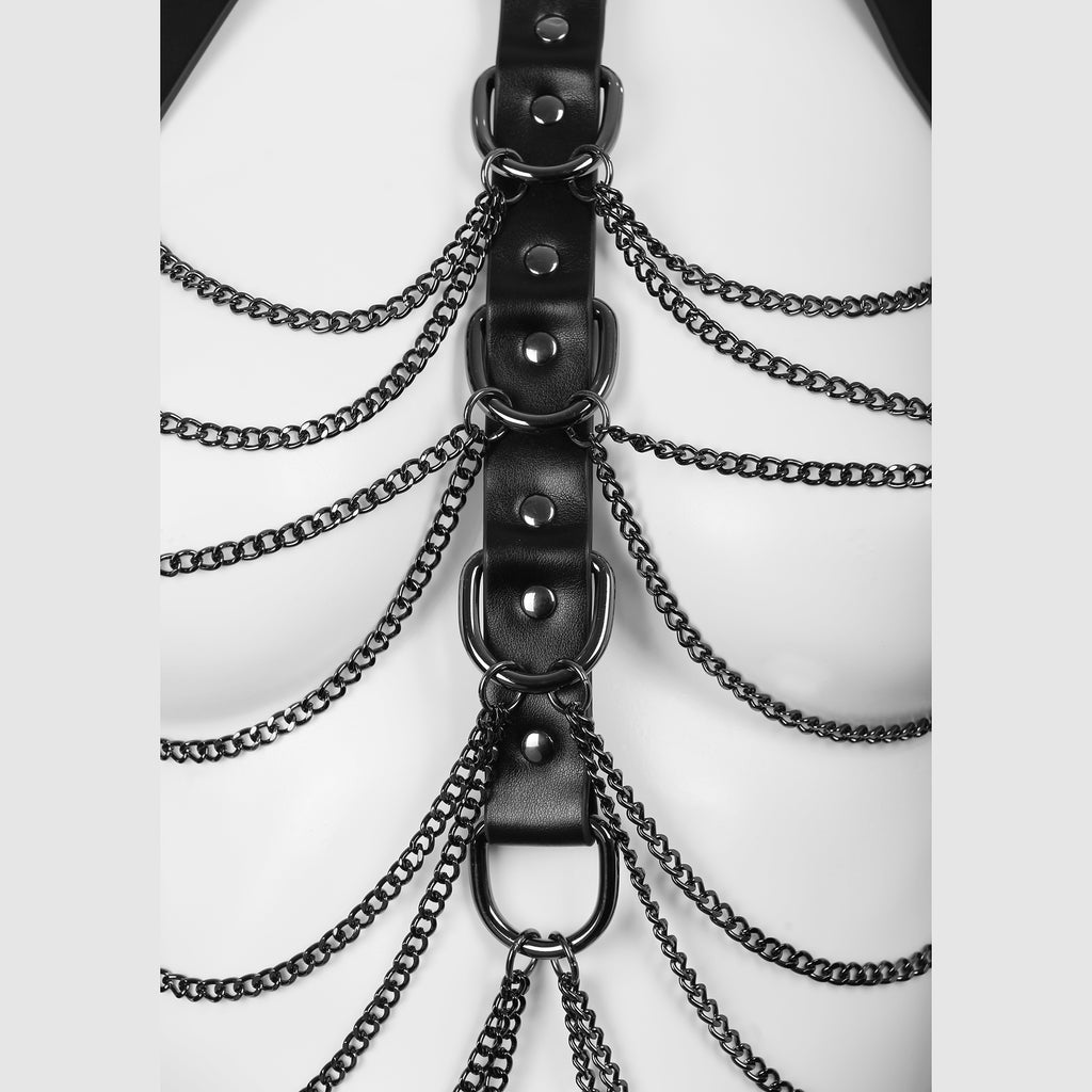 Soft PU Leather Body Harness in Black with Gunmetal Chains by Fetish Pleasure Play - One Size