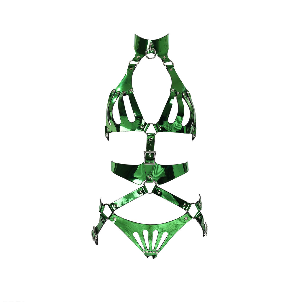 Metallic Green Vegan Leather 2 Piece Body Harness by Fetish Pleasure Play - One Size