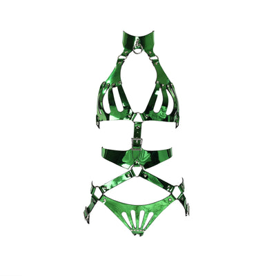 Metallic Green Vegan Leather 2 Piece Body Harness by Fetish Pleasure Play - One Size