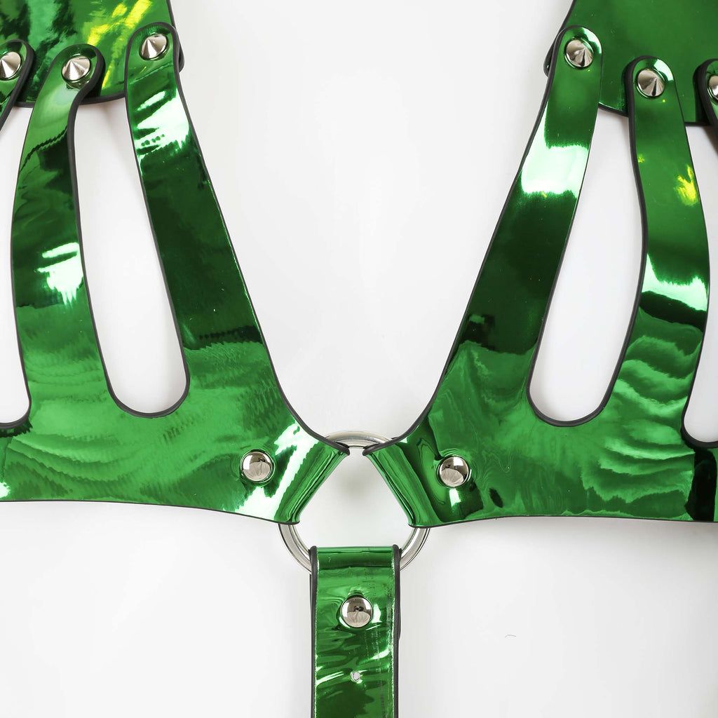 Metallic Green Vegan Leather 2 Piece Body Harness by Fetish Pleasure Play - One Size