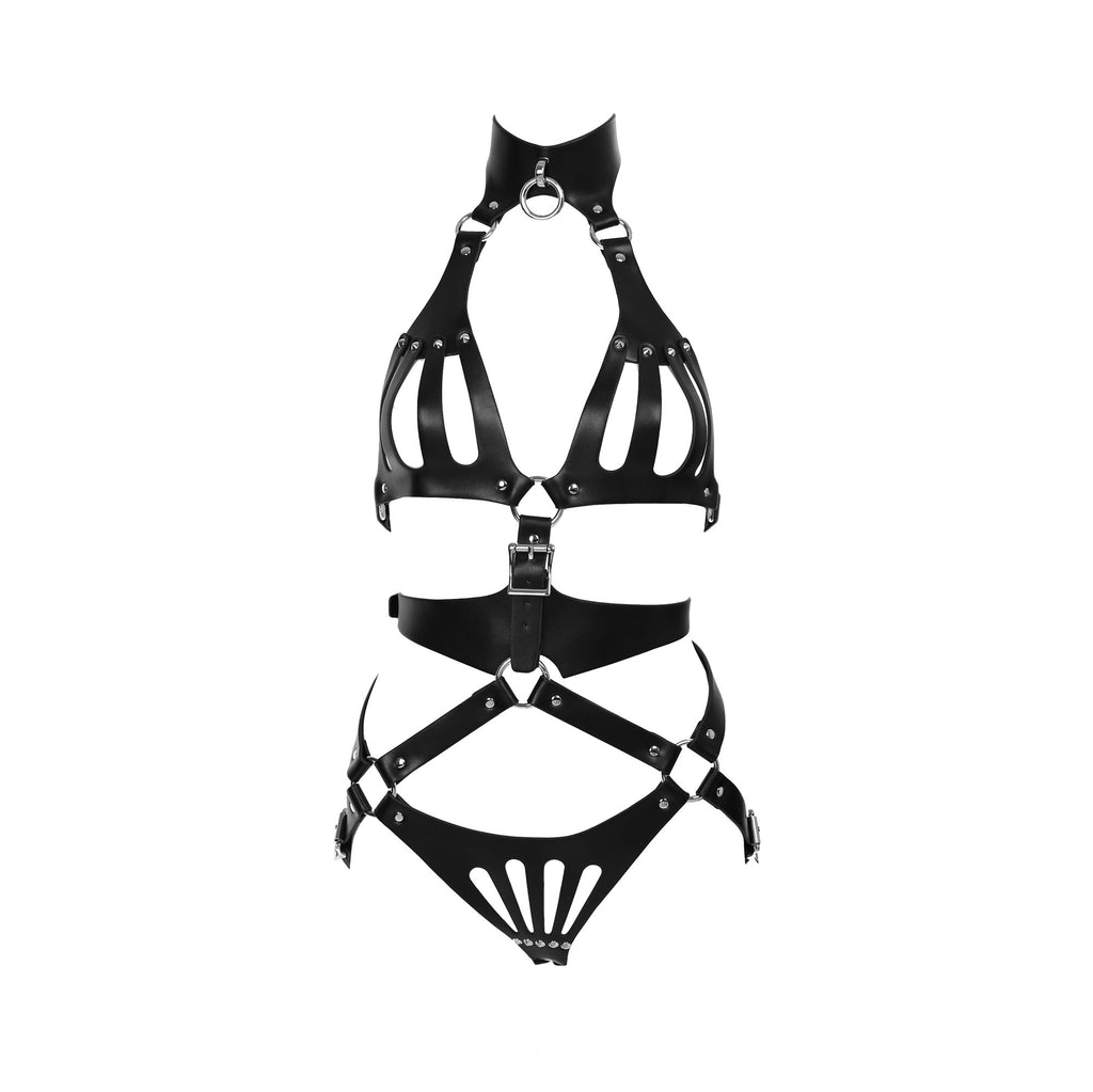 Black Vegan Leather 2 Piece Body Harness by Fetish Pleasure Play - One Size