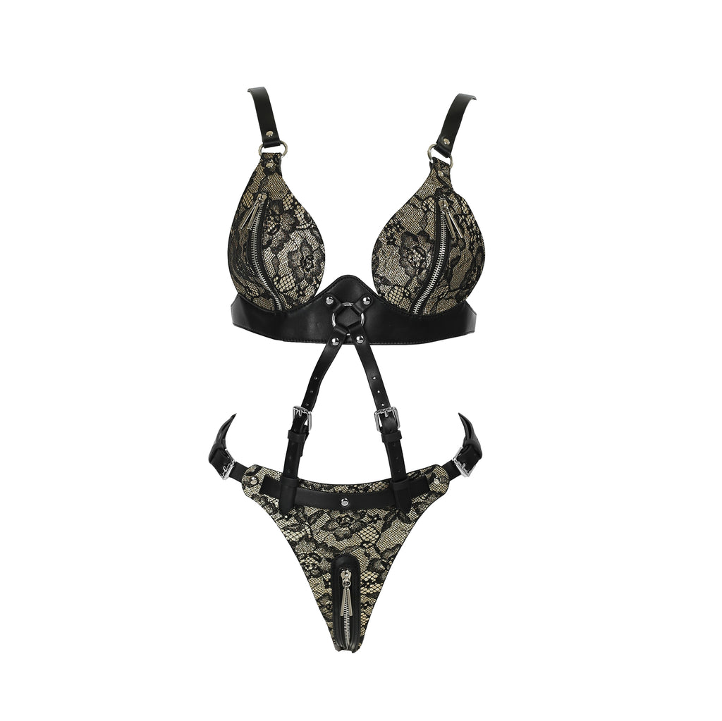 Black Vegan Leather & Lace 2-Piece Body Harness with Zippers by Fetish Pleasure Play