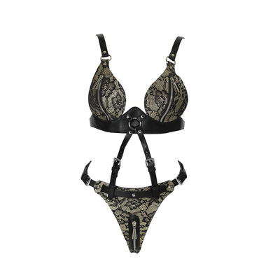 Black Vegan Leather & Lace 2-Piece Body Harness with Zippers by Fetish Pleasure Play