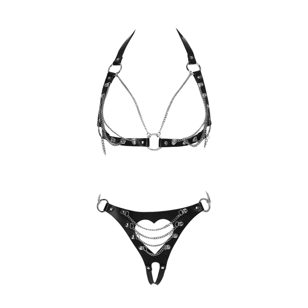 Cutout Heart Silver Chain 2-Piece Body Harness in Black by Fetish Pleasure Play - One Size