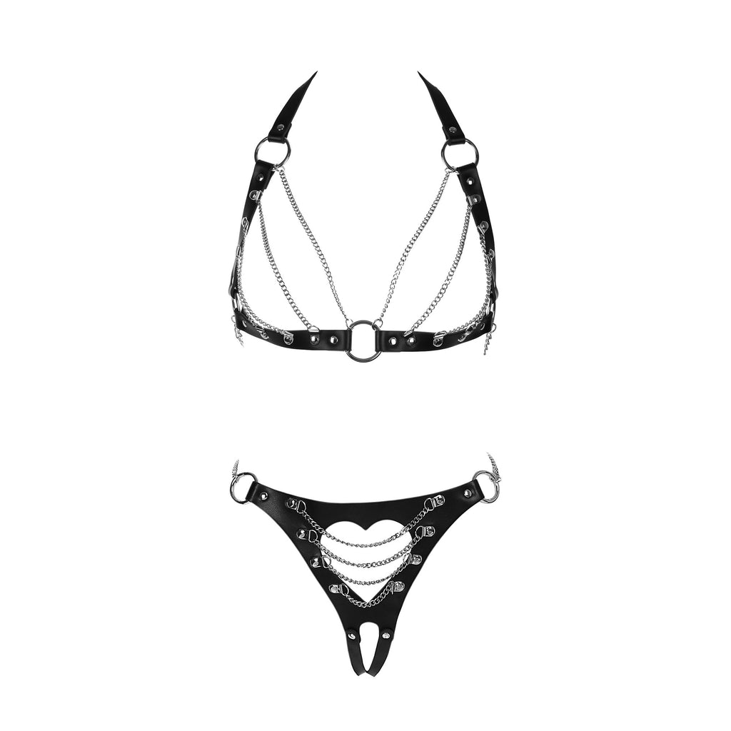 Cutout Heart Silver Chain 2-Piece Vegan Leather Body Harness in Black by Fetish Pleasure Play - One Size