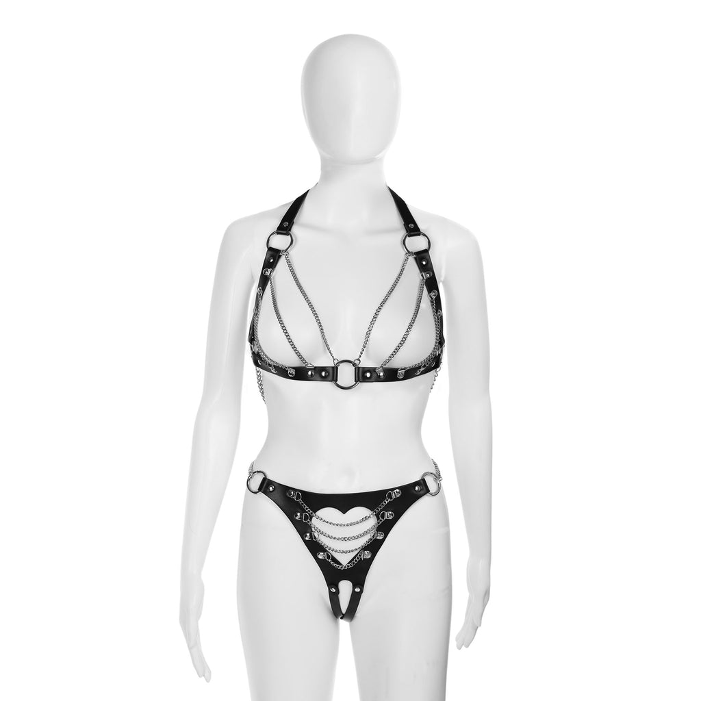 Cutout Heart Silver Chain 2-Piece Vegan Leather Body Harness in Black by Fetish Pleasure Play - One Size
