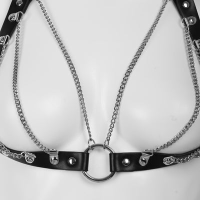 Cutout Heart Silver Chain 2-Piece Body Harness in Black by Fetish Pleasure Play - One Size