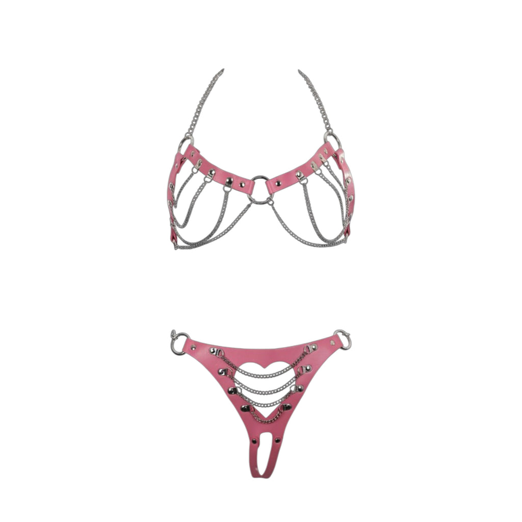 Cutout Heart Silver Chain 2-Piece Body Harness in Pink by Fetish Pleasure Play - One Size