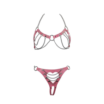 Cutout Heart Silver Chain 2-Piece Body Harness in Pink by Fetish Pleasure Play - One Size