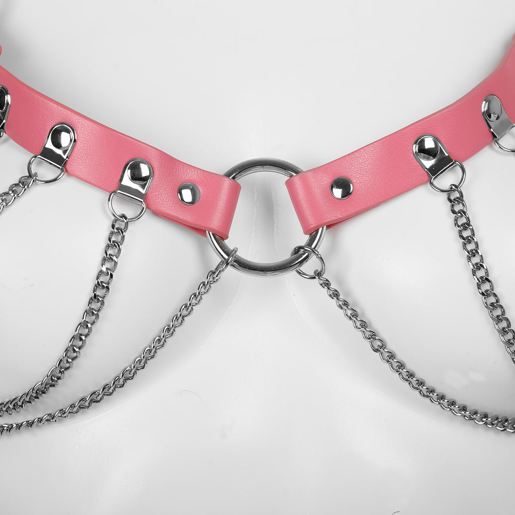 Cutout Heart Silver Chain 2-Piece Body Harness in Pink by Fetish Pleasure Play - One Size