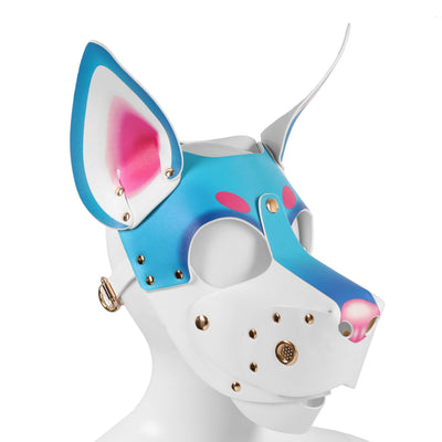 Blue and pink dog mask on a white background