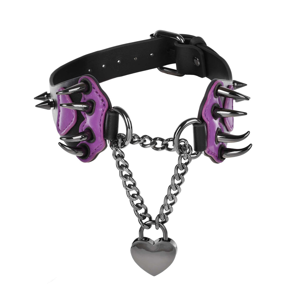 Purple Claw Spiked Vegan Leather Collar with Heart Lock by Fetish Pleasure Play
