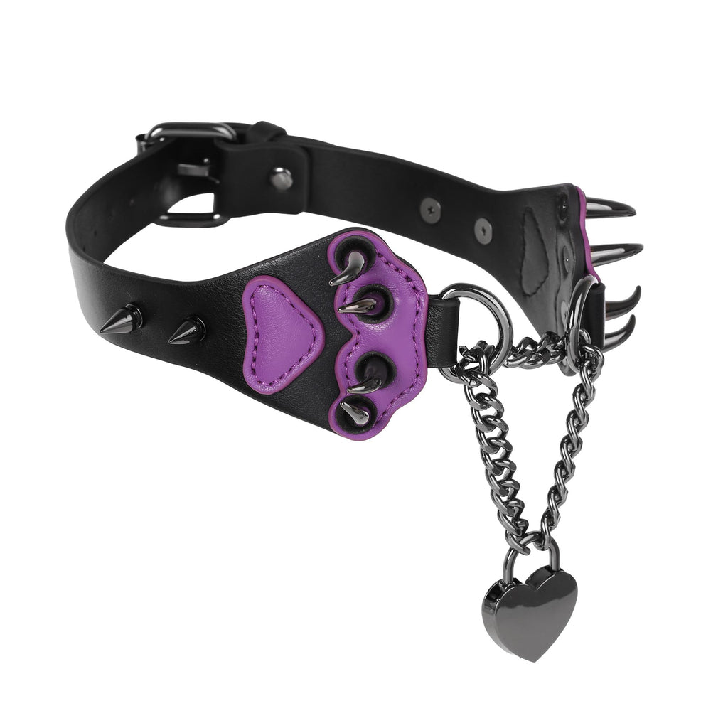 Purple Claw Spiked Vegan Leather Collar with Heart Lock by Fetish Pleasure Play
